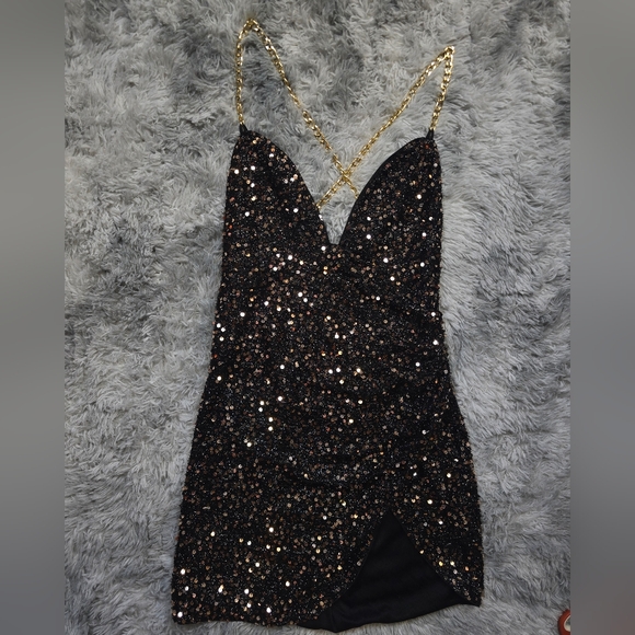 Double Crazy Dresses & Skirts - Double Crazy Black Sequin Mini Dress with Gold Straps Size Large